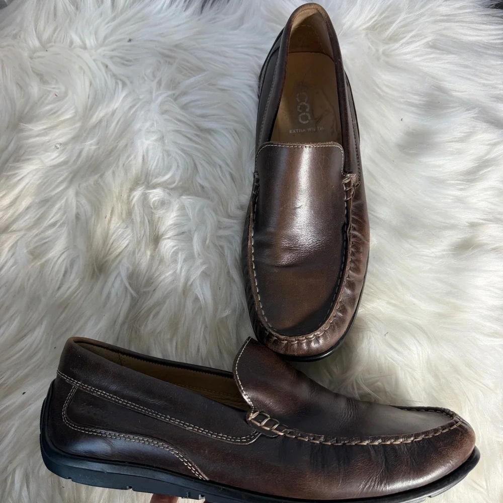 ECCO Mens Classic Moccasin Leather Driving Loafers Brown Slip On Drivers 43